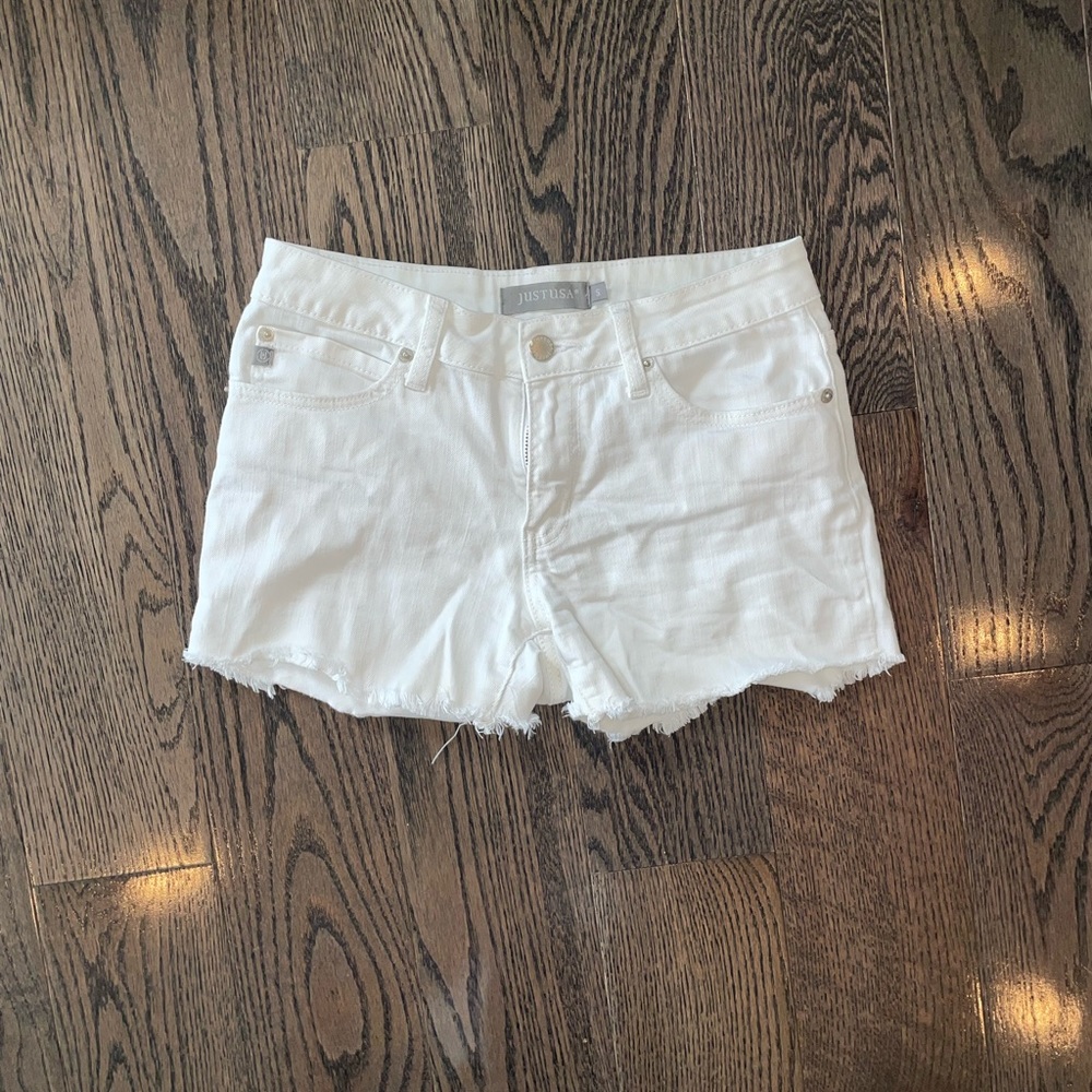 Shorts, small, white, distress on the bottom